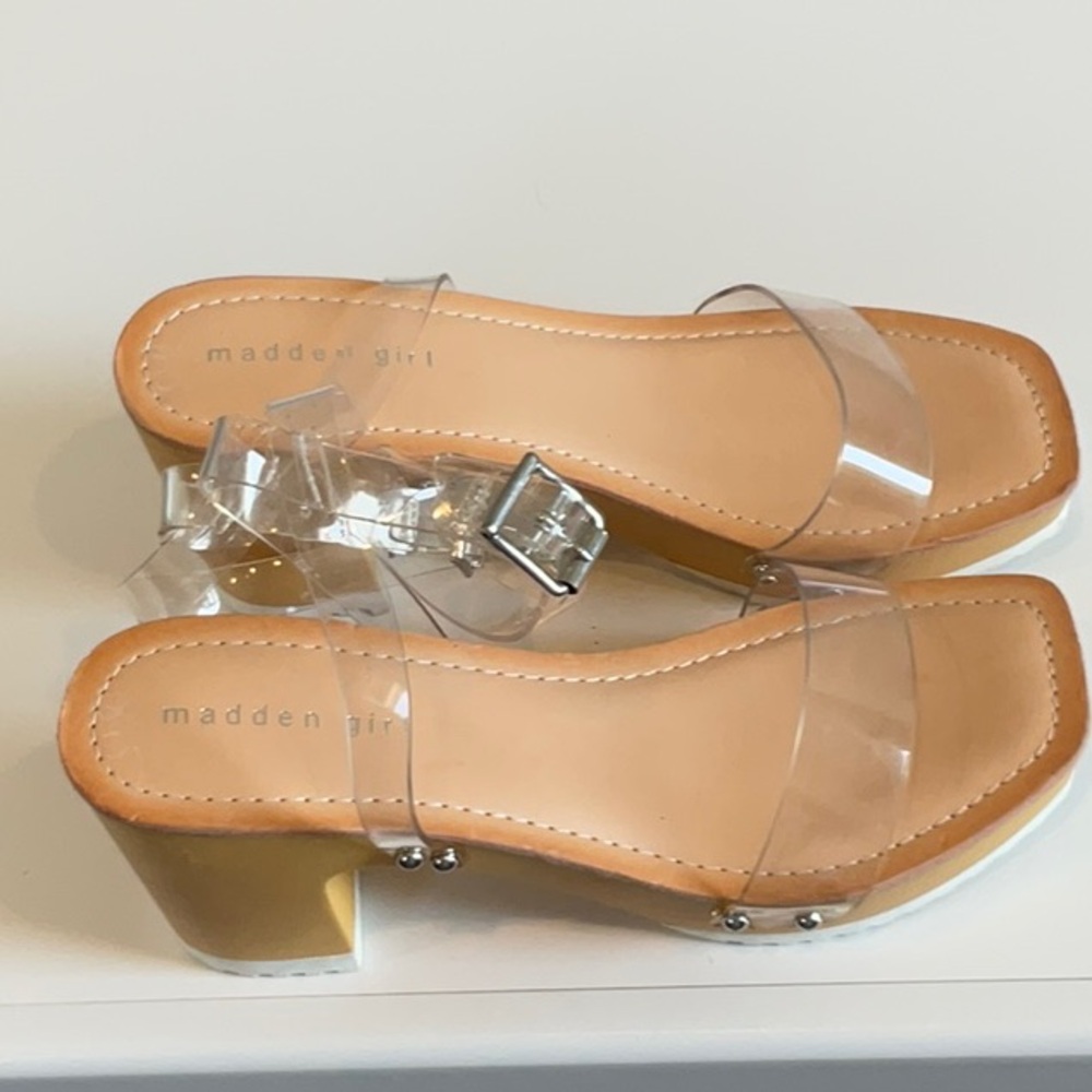 Madden Girl Gold and Clear Strap Heels
